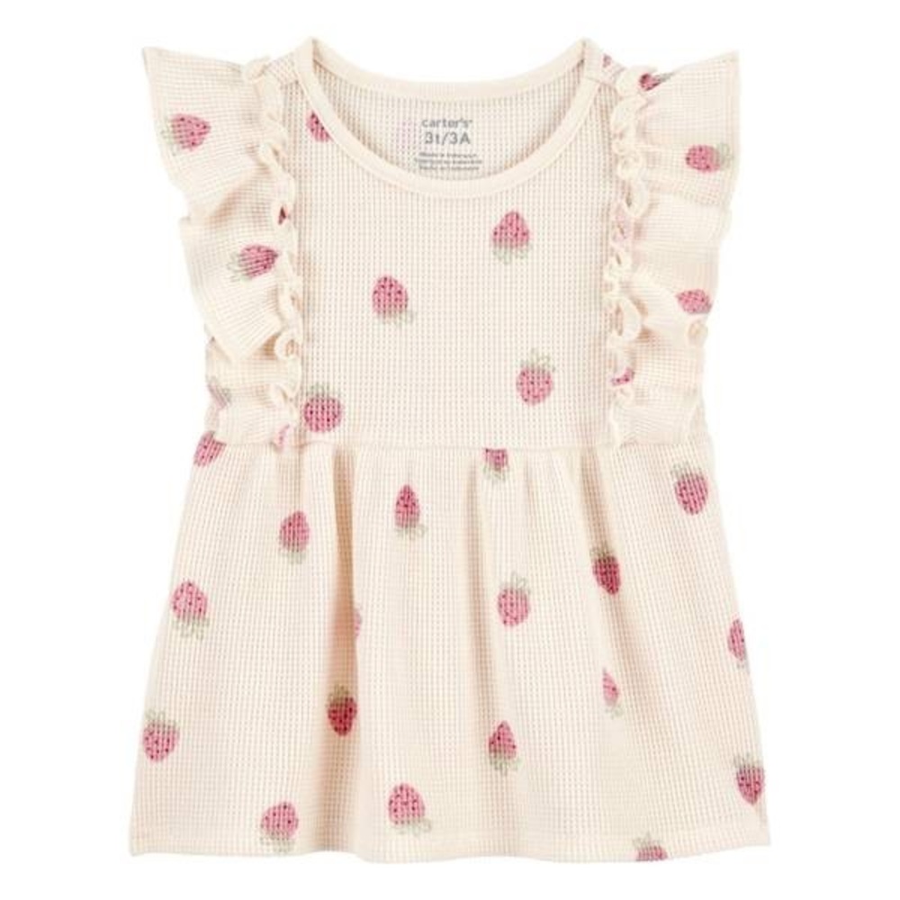 Carter's Cream Knit Tank Top with Pink Strawberry Print and Ruffle Sleeves